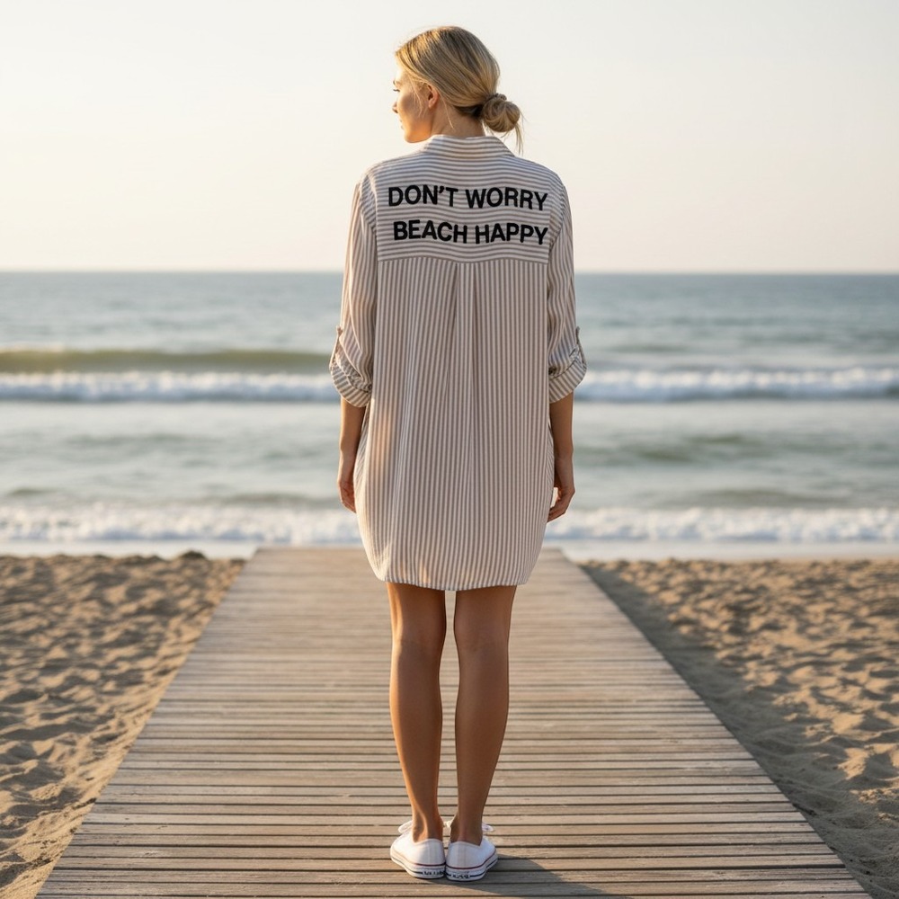 Violet Sky "Dont Worry Beach Happy" Striped Cover Up Dress Shirt Tunic 3X Beach